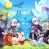 Nhóm nhân vật chibi đứng quanh bến gỗ cạnh hồ nước và một người chơi cưỡi thuyền do Slime Dugong kéo dưới nước trong World of Slime