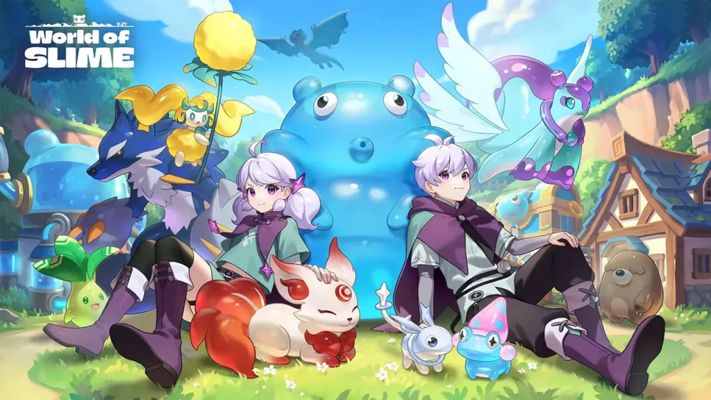 Nhóm nhân vật chibi đứng quanh bến gỗ cạnh hồ nước và một người chơi cưỡi thuyền do Slime Dugong kéo dưới nước trong World of Slime
