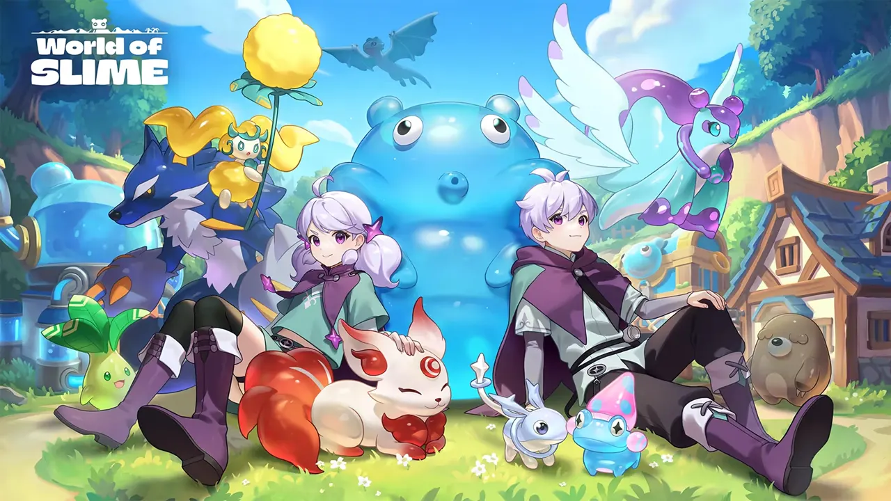 Nhóm nhân vật chibi đứng quanh bến gỗ cạnh hồ nước và một người chơi cưỡi thuyền do Slime Dugong kéo dưới nước trong World of Slime